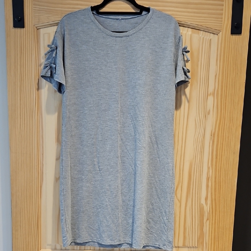 Gray T-Shirt Dress with Bow Sleeves